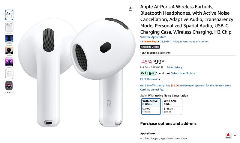 Apple AirPods 4 降噪版美亚史低 $99#海外折扣