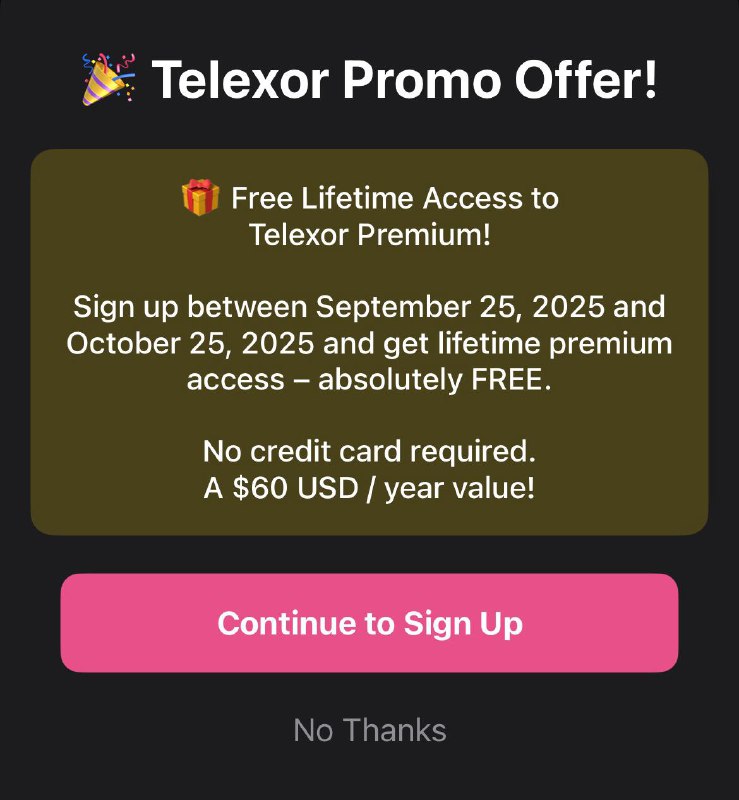 Telexor附近匿名社交说是一个月内注册账户送 Lifetime，我是用临时邮箱注册的，你们看着办